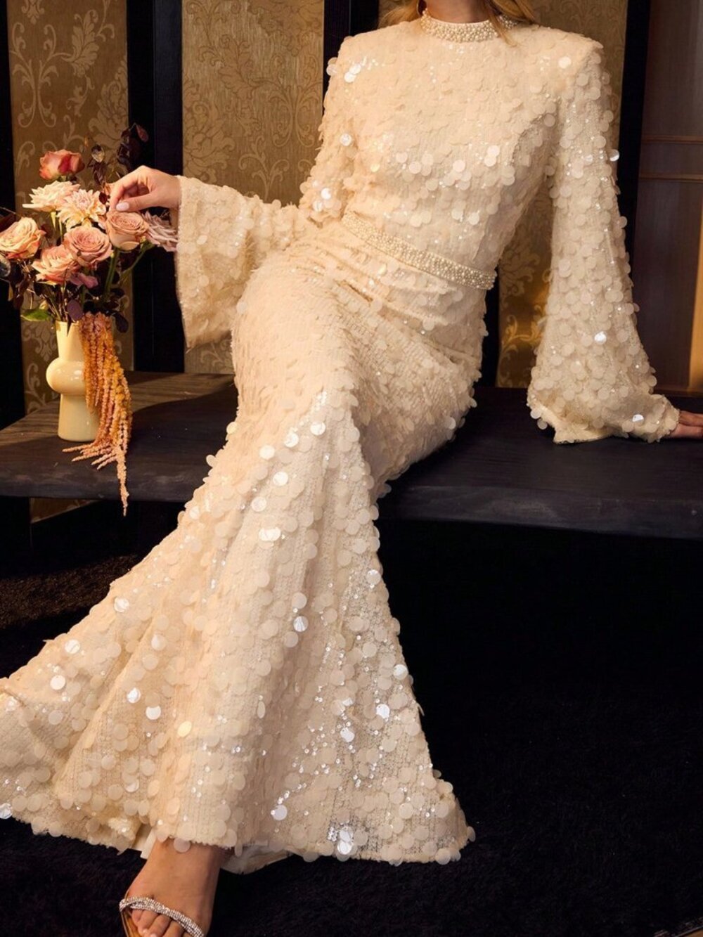 Apricot Elegant Women's Mock Neck Luxury Mermaid Formal Dress with Pearl Details